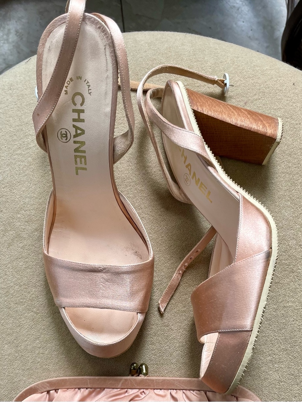 CHANEL Blush Satin Block-Heel Sandals - Picture 1 of 12